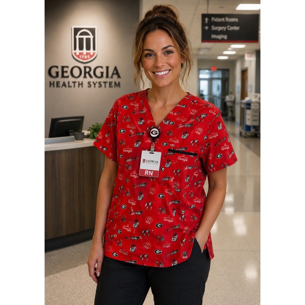 UGA Georgia Bulldogs Scrub Top Red V-Neck Healthcare Uniform Estimated 2XL EUC